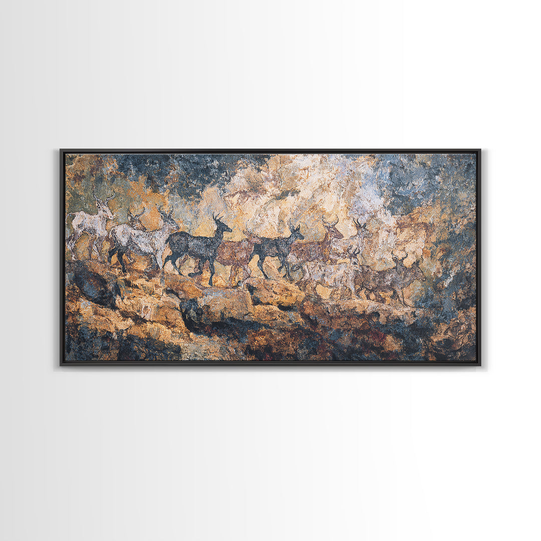 Blue Ochre Prehistoric Animal Herd Wall Art, African Rock Painting, Safari Decor, Earth Tone Tribal Art Print For Home Decor