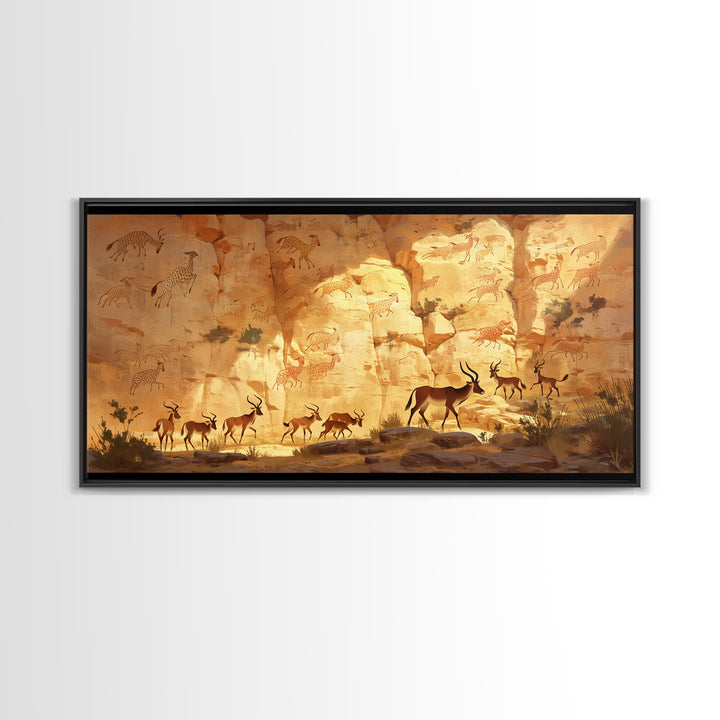 Desert Antelope Rock Art Framed Canvas Print, African Landscape, Safari Wall Decor, Ancient Cave Painting For Living Room