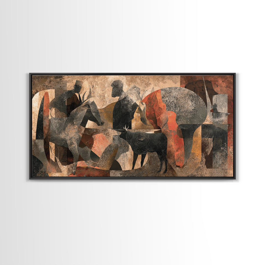 Abstract African Herdsmen And Cattle Wall Art, Modern Cubism, Tribal Decor, Earth Tone Canvas Print For Stylish Home Decor