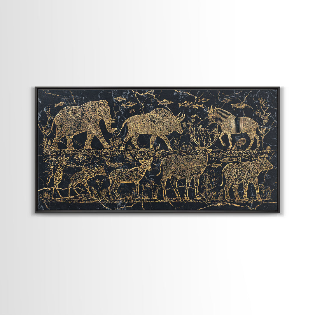 Gold Safari Animal Linework With Elephants And Giraffes Wall Art, African Safari Art, Black And Gold Art, Living Room Decor