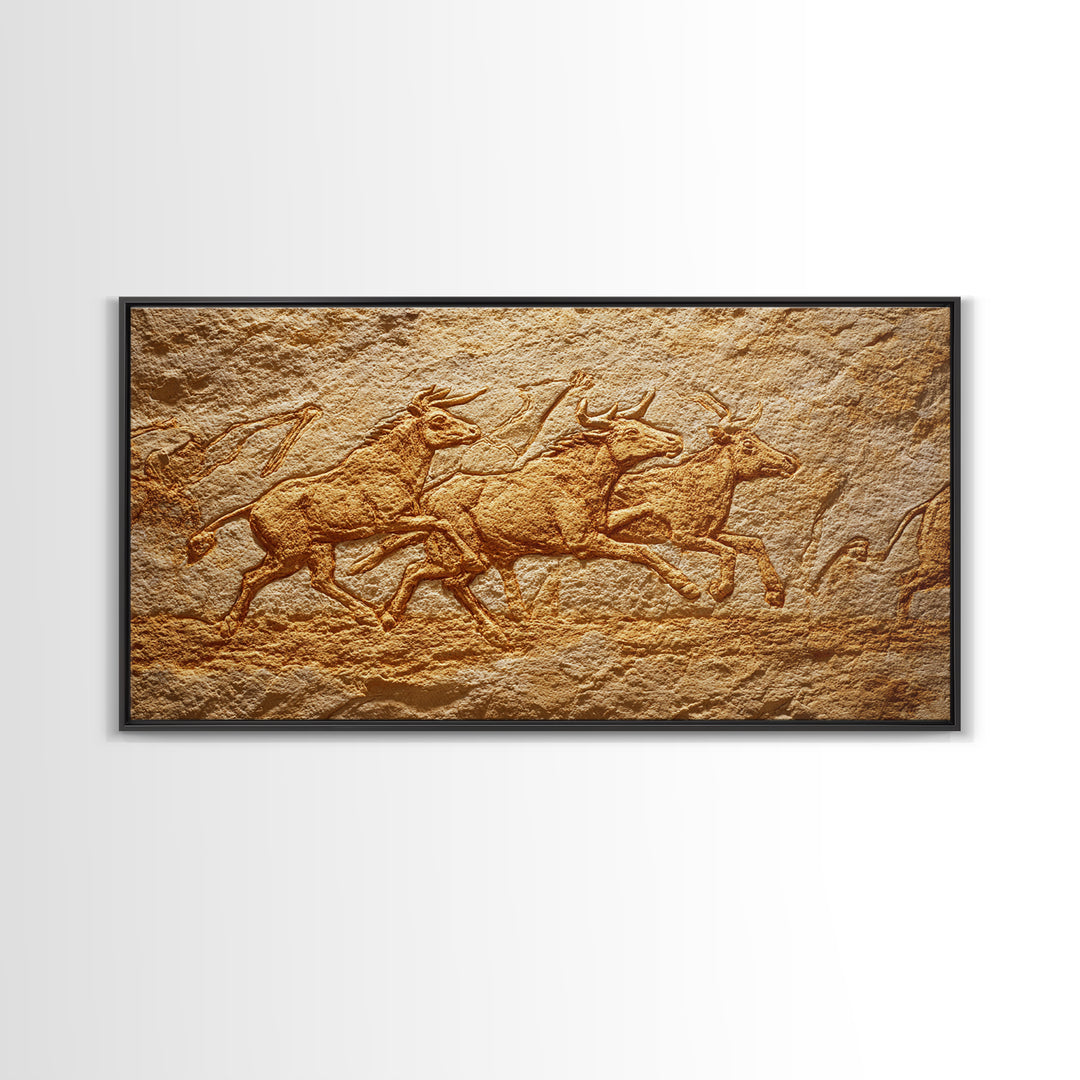 Carved Stone Antelope Herd In Ancient Cave Relief Wall Art, African Animal Art, Tribal Art Print, Earth Tone Decor, Rustic Home Decor