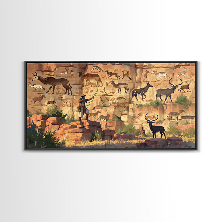 Desert Canyon Pictographs With Explorer And Antelope Canvas Print, African Inspired Rock Art, Safari Wall Decor Gift For Him