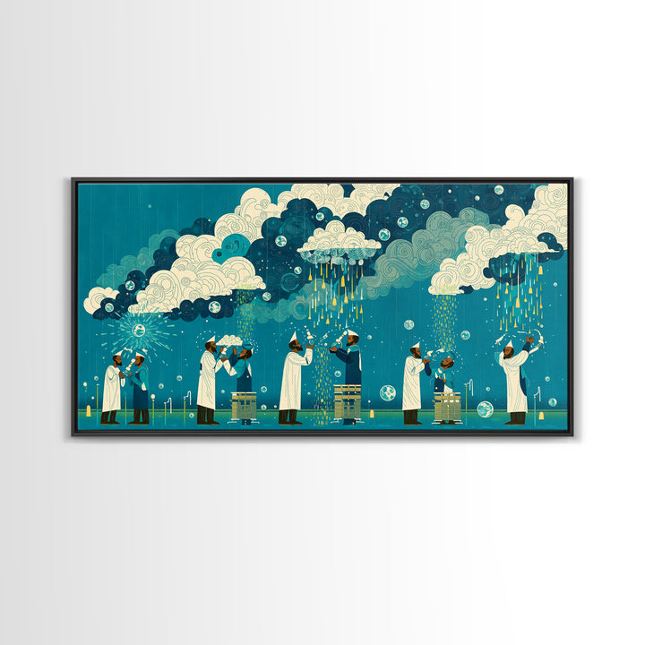 Scientists Harvesting Rain From Patterned Clouds Wall Art, Contemporary Art, Teal And Yellow Art, Modern Office Decor Gift