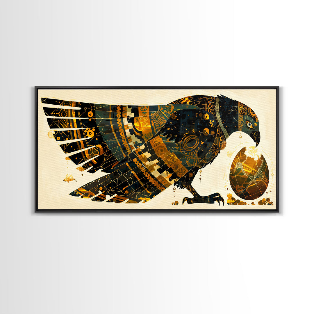 Ornate Egyptian Falcon With Golden Egg Canvas Print, African Egyptian Art, Black Gold Decor, Spiritual Wall Art Gift For Her