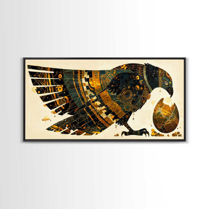 Ornate Egyptian Falcon With Golden Egg Canvas Print, African Egyptian Art, Black Gold Decor, Spiritual Wall Art Gift For Her