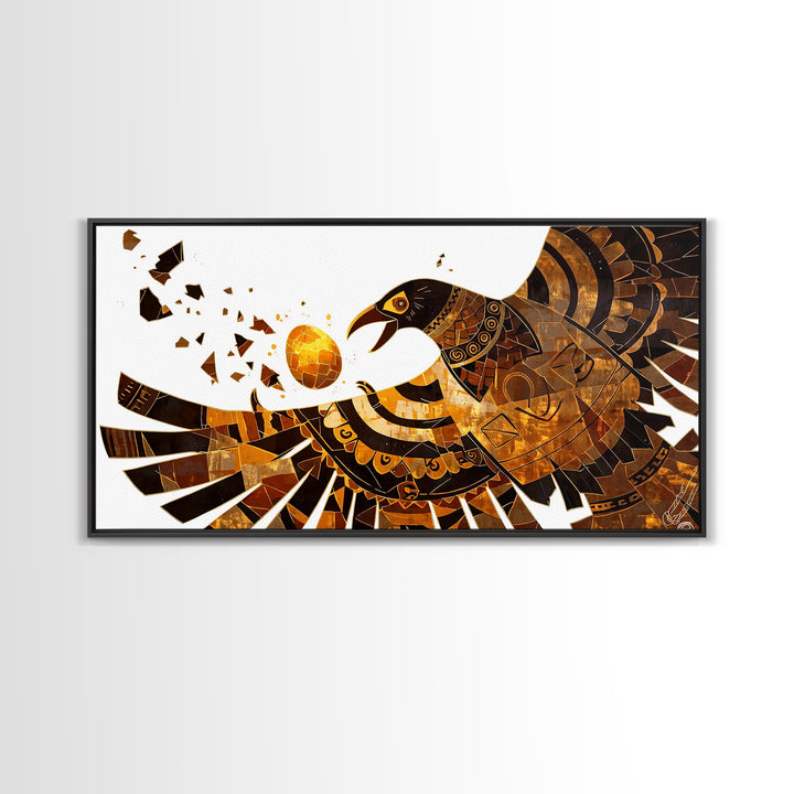 Geometric Black Gold Eagle Holding Sun Orb Canvas Print, African Inspired Abstract Art, Bold Wall Decor, Unique Canvas Gift