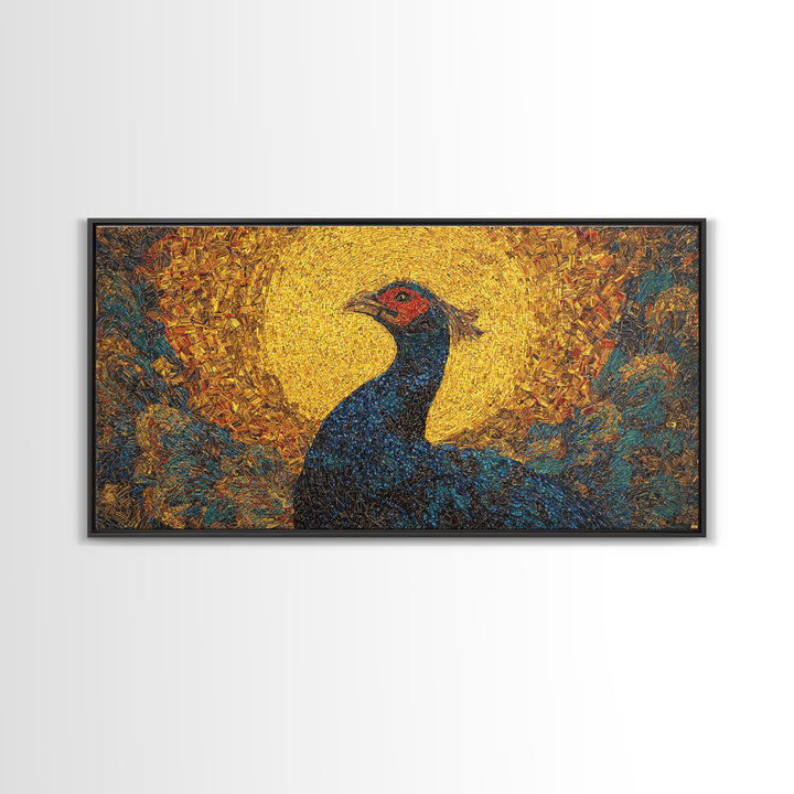 Blue Peacock Portrait Before Golden Sun Wall Art, African Inspired Bird Art, Textured Canvas Decor, Vibrant Living Room Gift