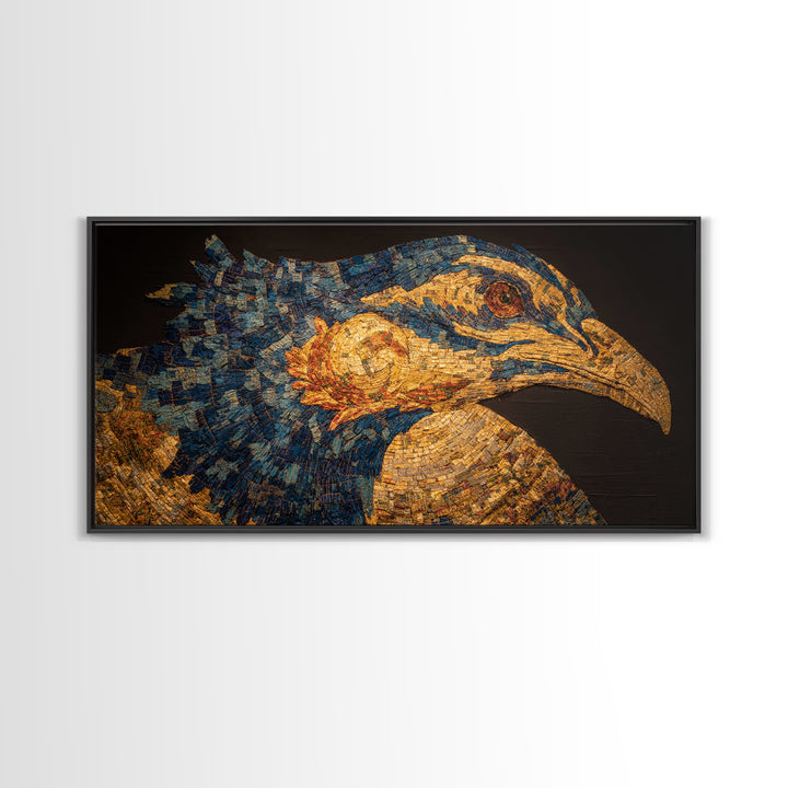 Blue And Gold African Bird Portrait Wall Art, Textured Safari Animal Artwork, Bold Modern African Decor Canvas Gift For Living Room
