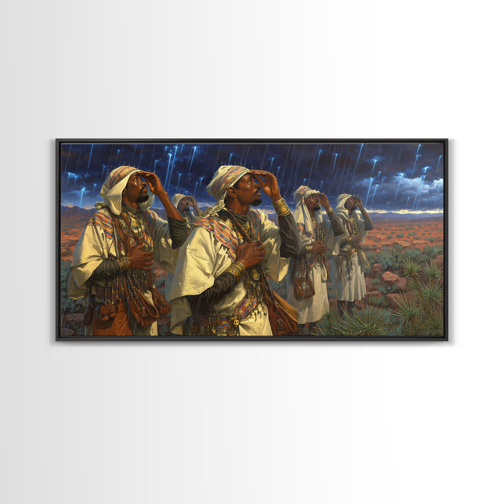 Berber Storm Watchers Canvas Print, African Warrior Art, Desert Lightning Scene, Tribal Wall Decor For Living Room And Office