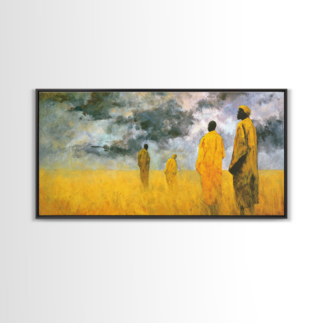 Yellow Robed African Figures Framed Canvas Print, Dreamy Savannah Landscape Wall Art, Cultural Home Decor Gift For Living Room
