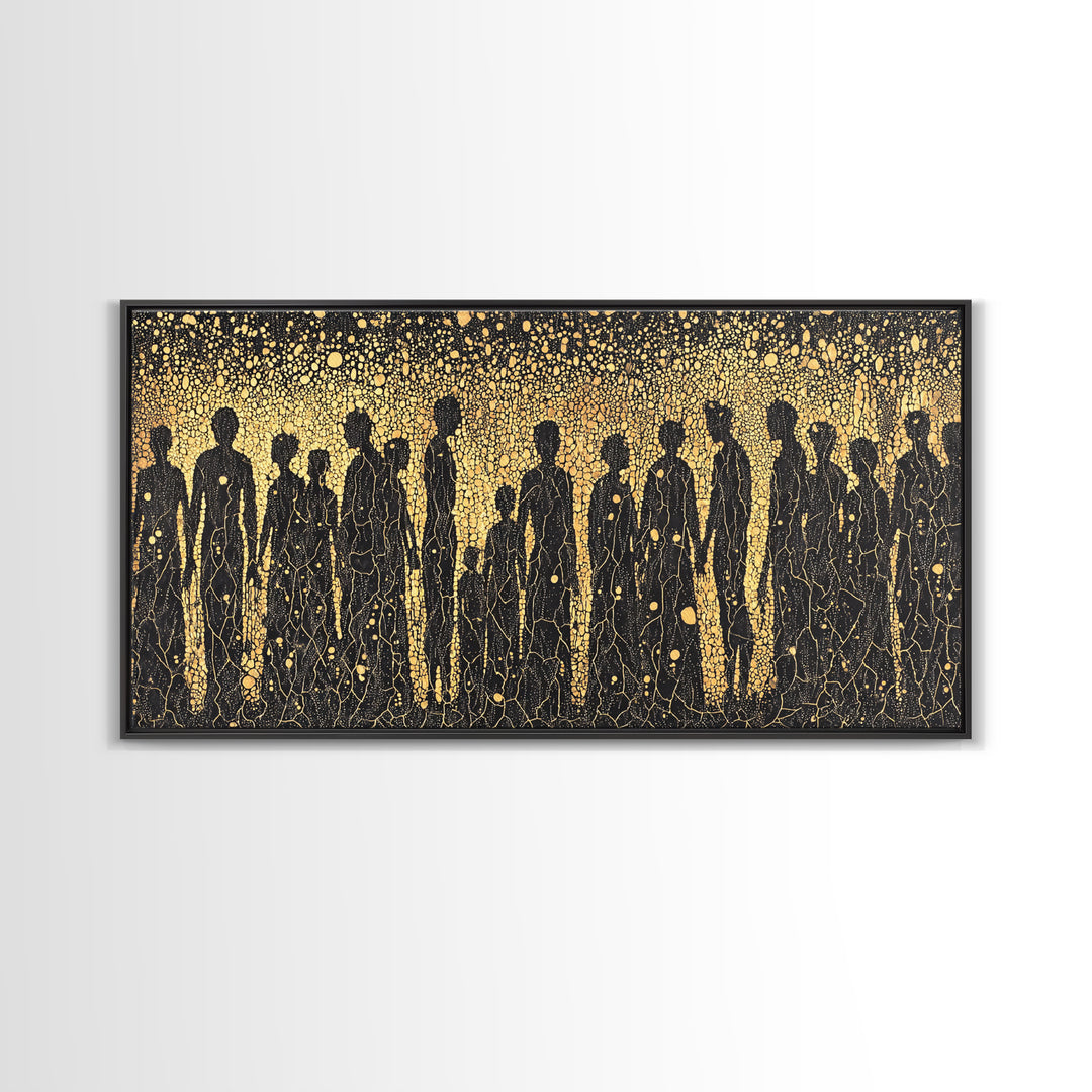 Gold African Silhouette Crowd Wall Art, Abstract Tribal Figures, Black And Gold Cultural Decor Canvas Print Gift For Office