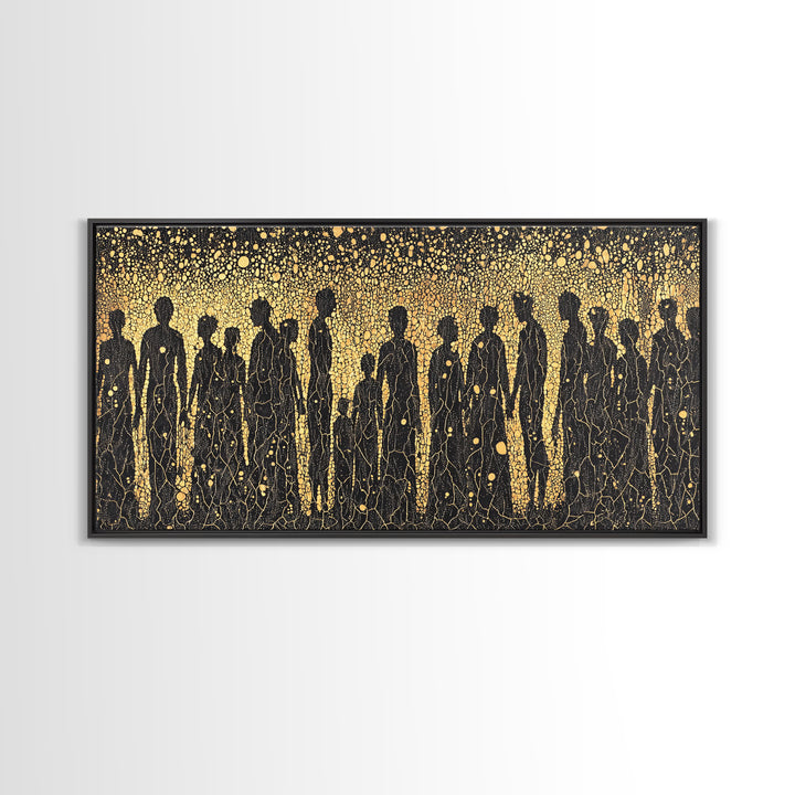Gold African Silhouette Crowd Wall Art, Abstract Tribal Figures, Black And Gold Cultural Decor Canvas Print Gift For Office