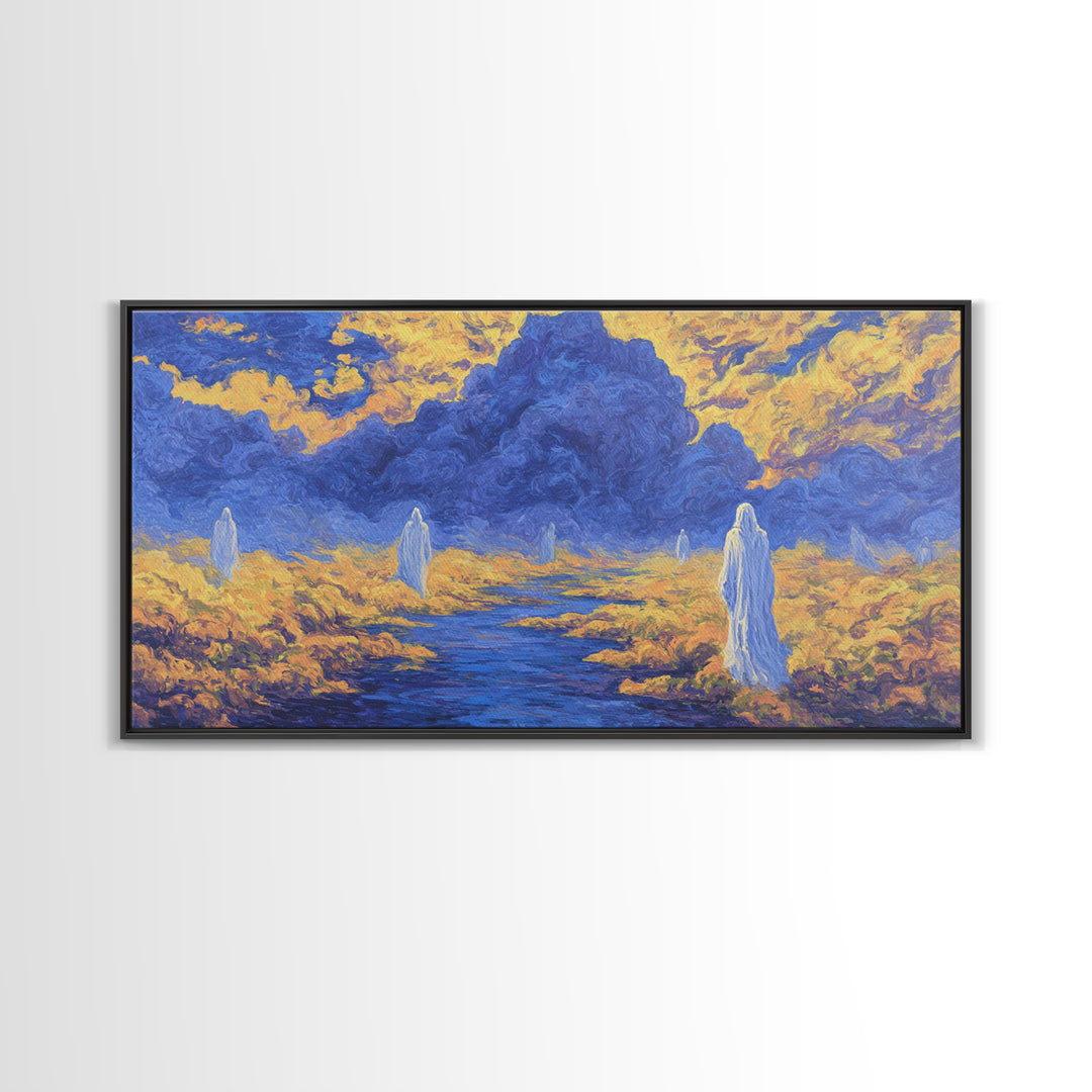Blue Gold African Spirit Landscape Canvas Print, Mystical Savannah Wall Art, Dreamy Cultural Decor For Living Room And Office