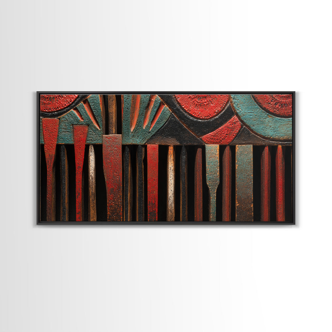 Red Teal Tribal Carved Wood Canvas Print, African Abstract Art, Ethnic Wall Decor, Bold Afrocentric Home Decor Gift For Living Room
