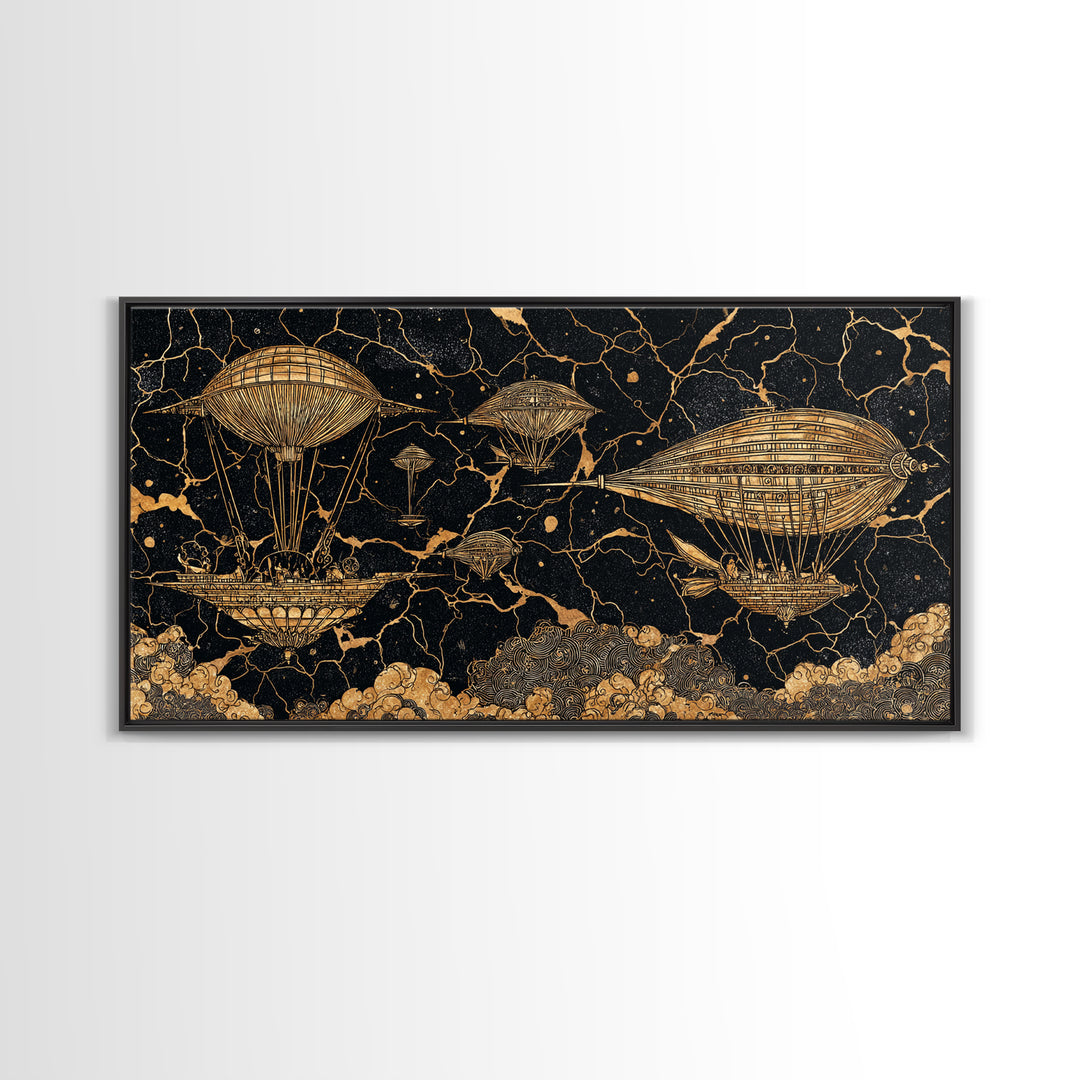 Gold Airship Fantasy Over Black Marble Wall Art, African Inspired Steampunk Canvas Print, Unique Statement Decor Gift For Office