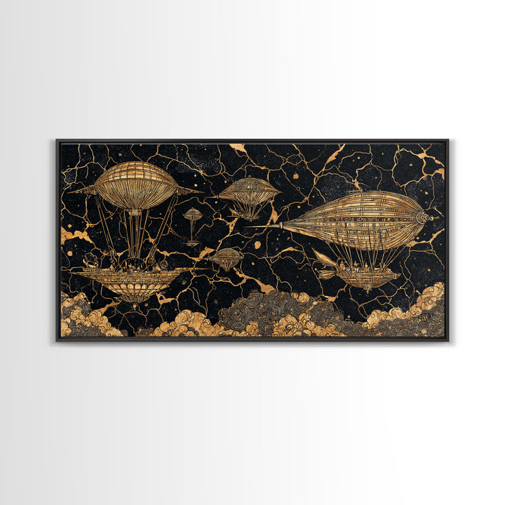 Gold Airship Fantasy Over Black Marble Wall Art, African Inspired Steampunk Canvas Print, Unique Statement Decor Gift For Office