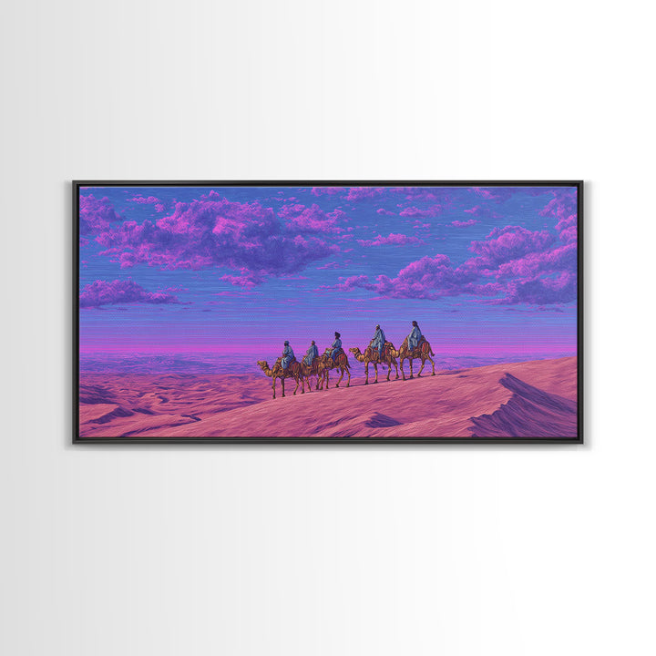 Purple Pink Camel Caravan Wall Art, Dreamy Desert Landscape Print, African Safari Art, Boho Travel Home Decor Gift For Living Room