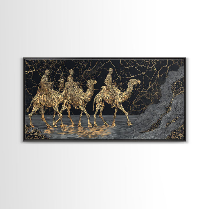 Gold Line Camel Riders Black Marble Wall Art, African Safari Canvas Print, Tribal Desert Decor, Modern Statement Gift For Home