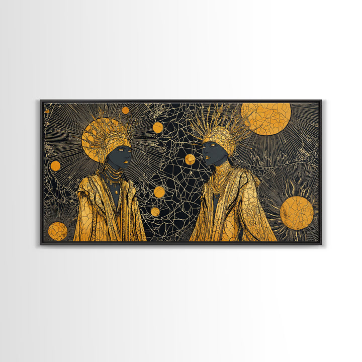 Two Regal African Women Canvas Print, Gold Celestial Portrait, Black Woman Art, Afrocentric Wall Art, Elegant Home Decor