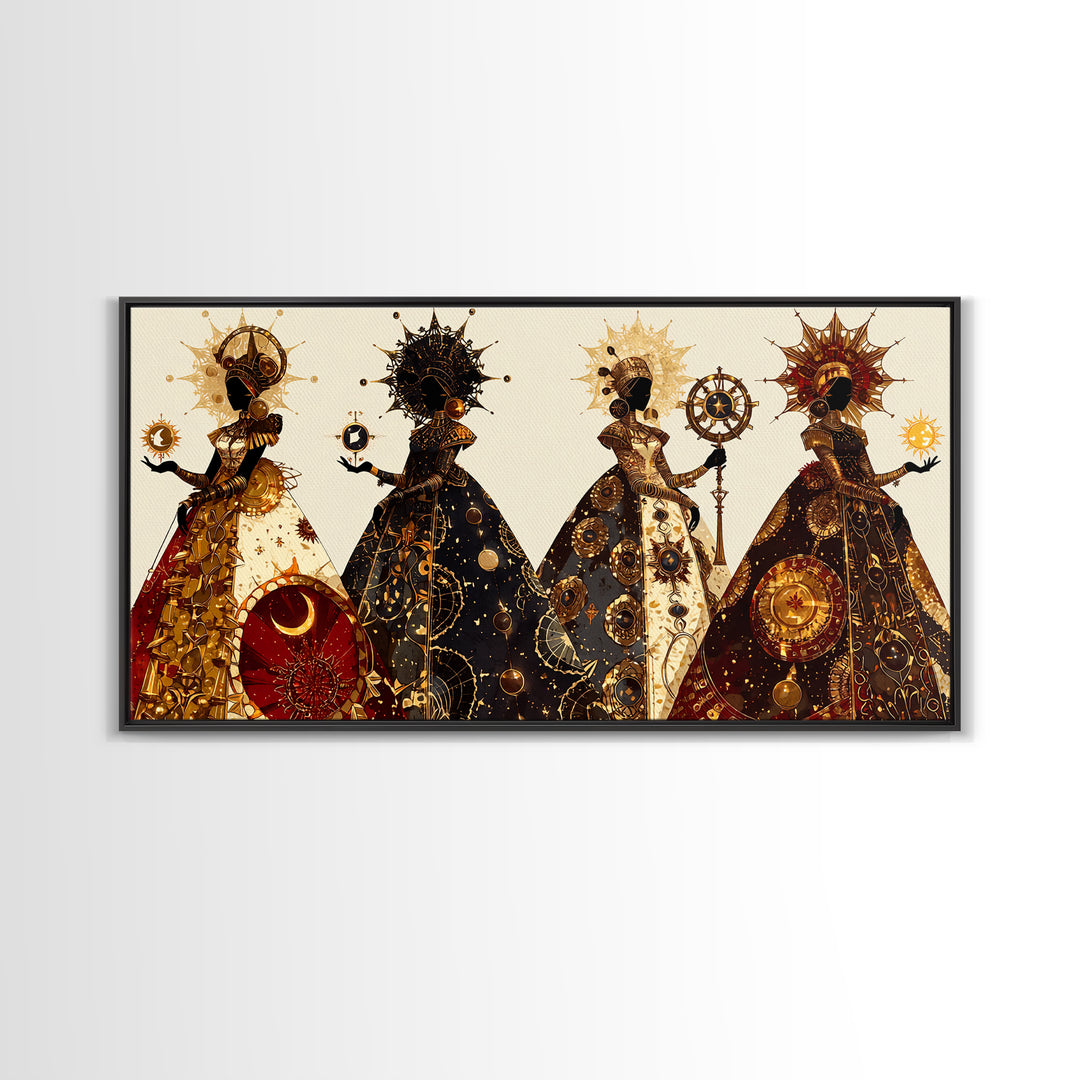 Four Celestial African Queens Framed Canvas Print, Black Goddess Art, Gold Spiritual Wall Decor, Afrocentric Artwork Gift