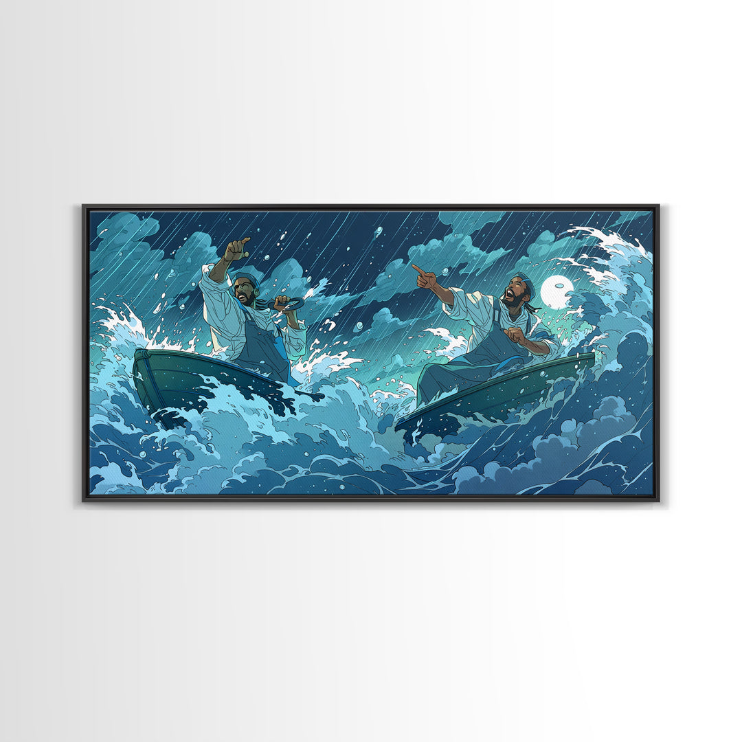 Stormy Sea Boatmen Wall Art, Blue Ocean Waves, African Inspired Spiritual Art, Fishermen Canvas, Dramatic Home Decor Gift