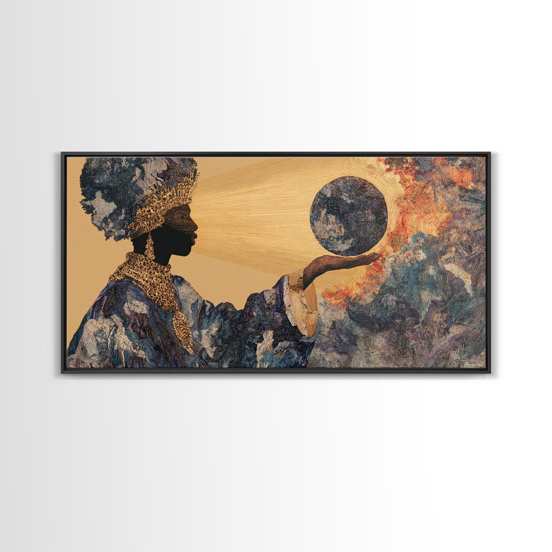 Eclipse African Woman Holding Moon Canvas Print, Afrocentric Wall Art, Black Female Portrait, Celestial Home Decor Gift Idea