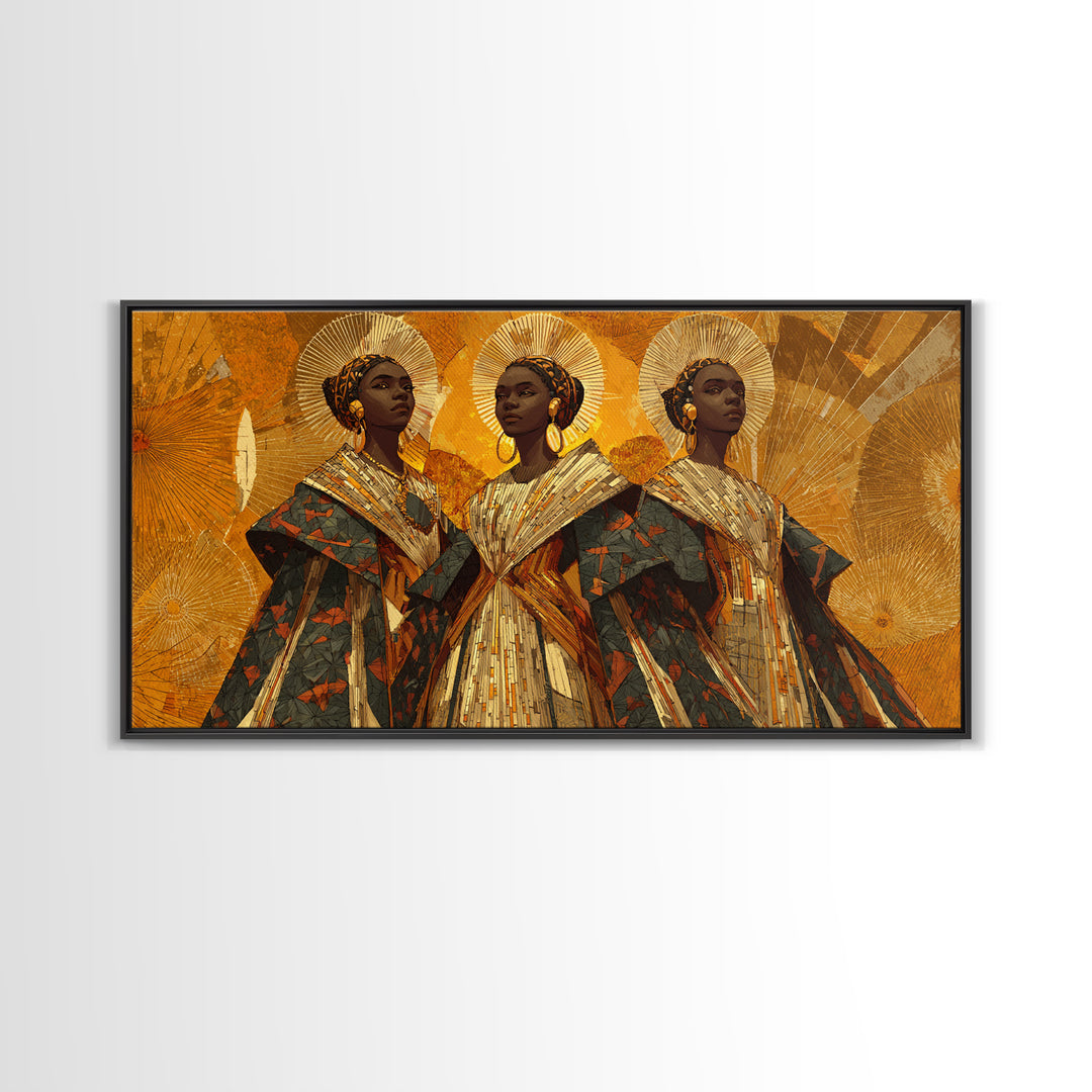 Three Regal African Women In Gold Halos Framed Canvas Print, African Wall Art, Black Queen Portrait, Afrocentric Decor Gift