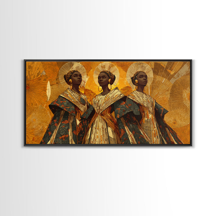 Three Regal African Women In Gold Halos Framed Canvas Print, African Wall Art, Black Queen Portrait, Afrocentric Decor Gift