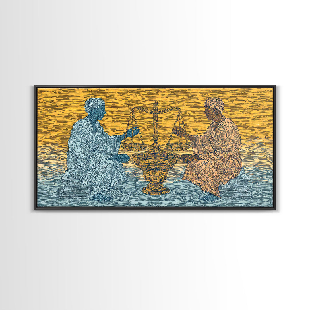 African Elders With Scales Of Justice Canvas Print, Cultural Wall Art, Legal Office Decor, Tribal Wisdom Art Gift For Him
