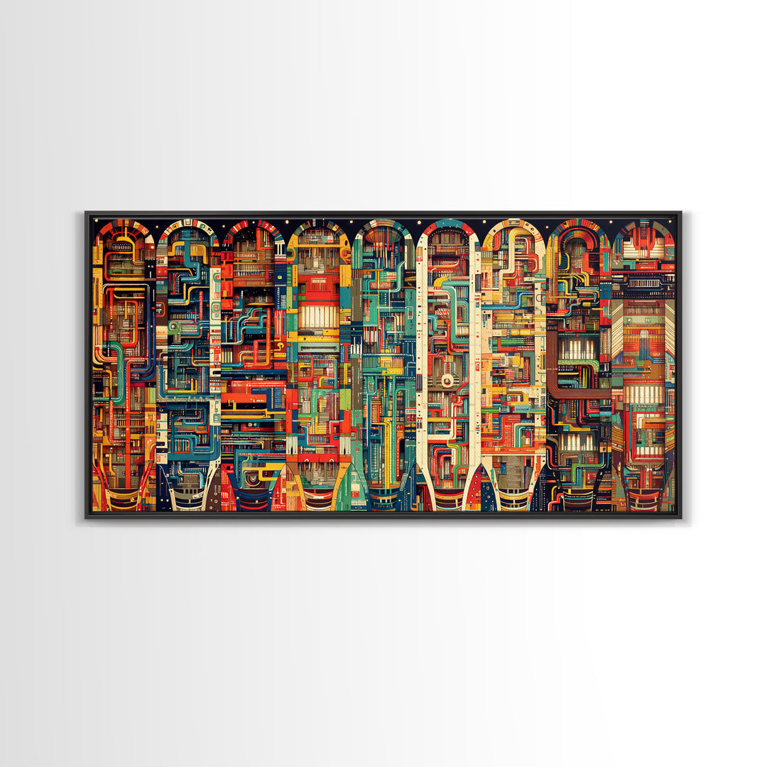 Vibrant Archway Circuit Maze Canvas Print, Colorful African Art Abstract, Afrofuturism Wall Art, Bold Living Room Decor Gift