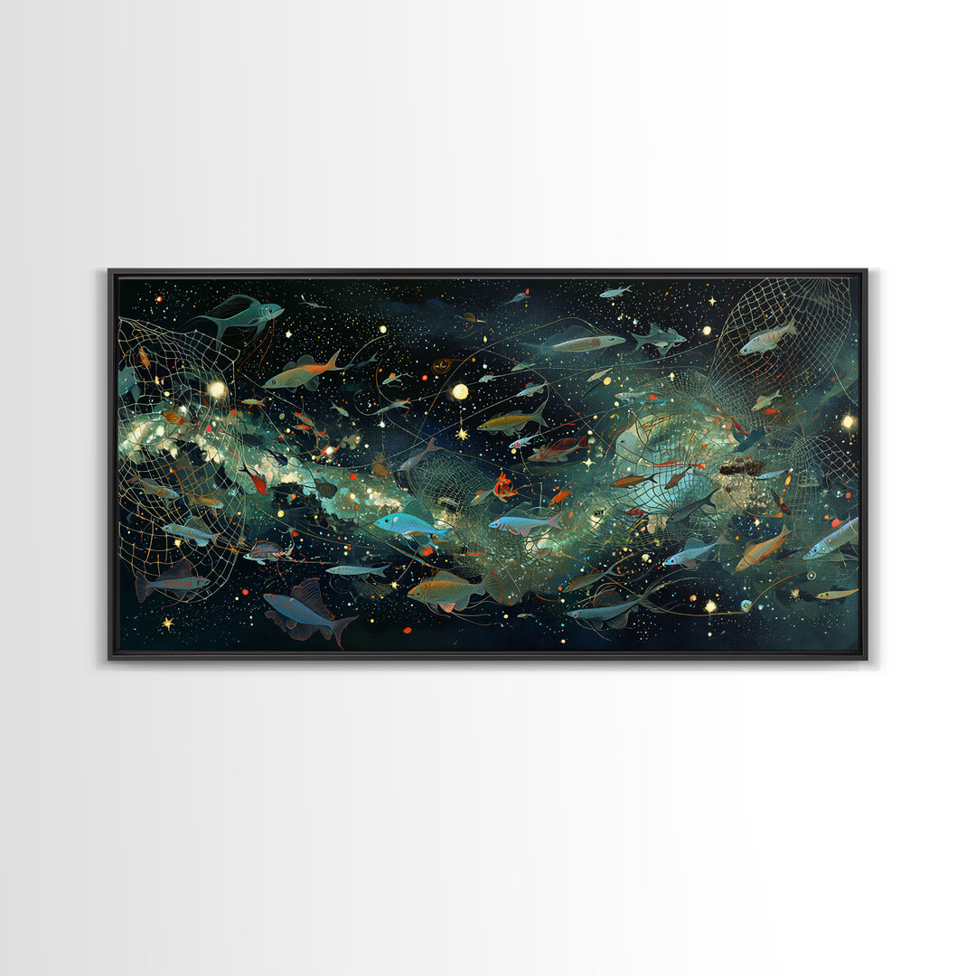 Cosmic Underwater Fish Galaxy Wall Art, Dreamy Ocean Canvas Print, African Inspired Nature Scene Art, Teal Modern Decor Gift