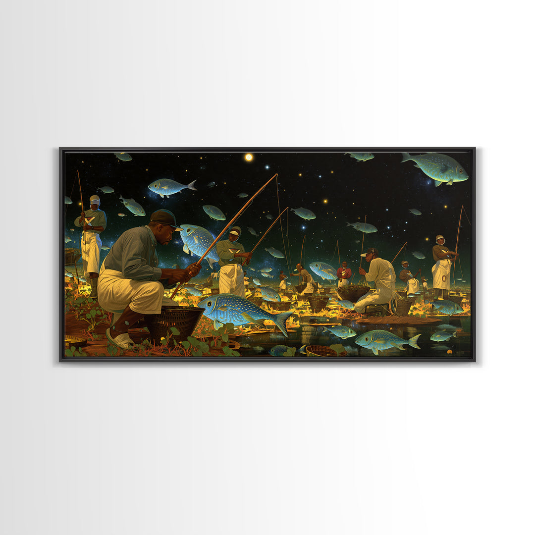 Black Fishermen Under Starry Fish Sky Canvas Print, African Wall Art, Afrocentric Culture Art, Magical Night Decor, Unique Gift
