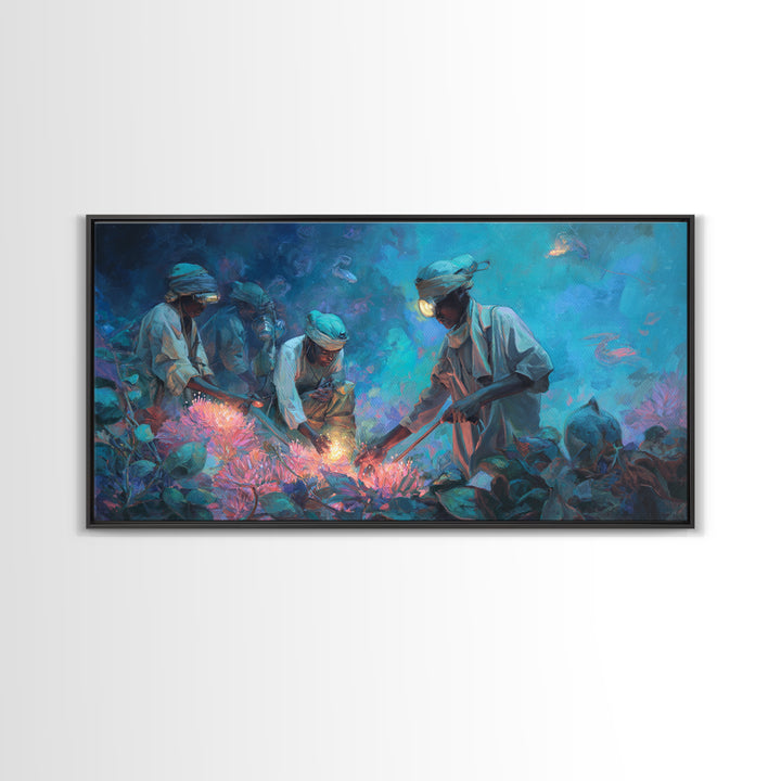 Blue Coral Harvest Divers Framed Canvas Print, African Ocean Wall Art, Contemporary Nature Scene, Unique Home Decor Gift