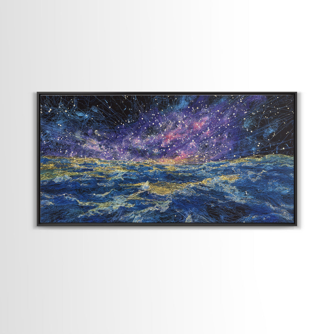 Galaxy Ocean Waves Under Starry Sky Canvas Print, Abstract Wall Art, Blue Gold Seascape, Dreamy Modern Home Decor, Large Decor Art