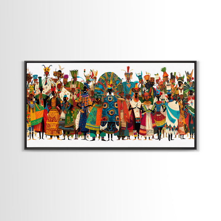 Vibrant African Tribal Festival Crowd With Masks Canvas Print, Afrocentric Wall Art, Colorful African Art, Cultural Decor