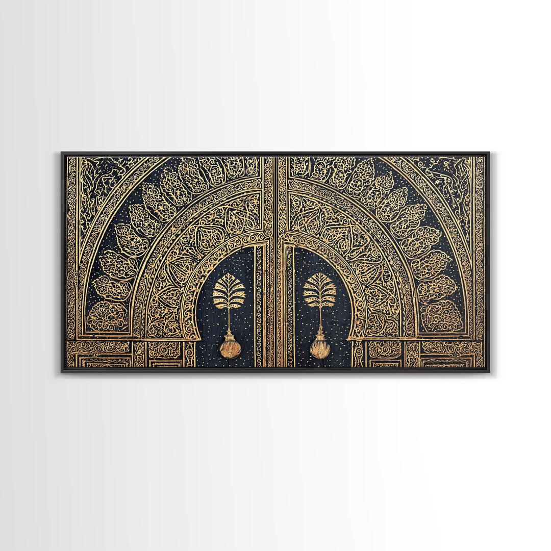 Gold Ornate African Arch Door With Palm Motifs Framed Canvas Print, Moroccan Wall Decor, Cultural Home Decor, Black Gold Art
