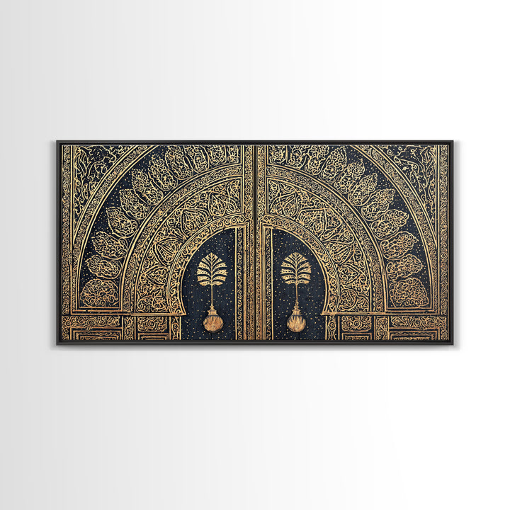 Gold Ornate African Arch Door With Palm Motifs Framed Canvas Print, Moroccan Wall Decor, Cultural Home Decor, Black Gold Art