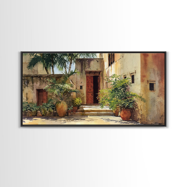 Sunlit African Courtyard With Red Door Wall Art, Tropical Village Painting, African Wall Decor, Boho Home Decor Gift For Her