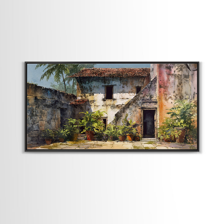 Weathered Blue African Courtyard Wall Art, Rustic Village Painting, African Home Decor, Cultural Wall Decor For Living Room
