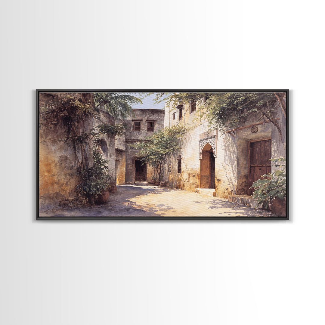 Shaded Tropical African Courtyard Wall Art, Old Stone Doorway Painting, African Home Decor, Boho Wall Decor, Unique Gift