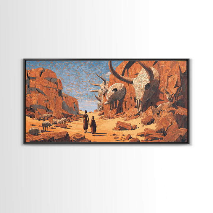 African Desert Canyon With Horned Skulls Wall Art, Tribal Journey Painting, African Warrior Art, Rustic Safari Decor Gift