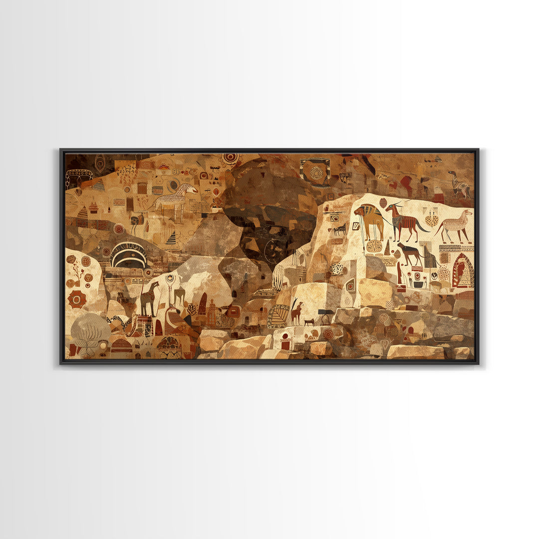 Ancient Sahara Cave Mural With Tribal Animals Wall Art African Safari Art, Earth Tone Cultural Decor For Living Room Statement Piece