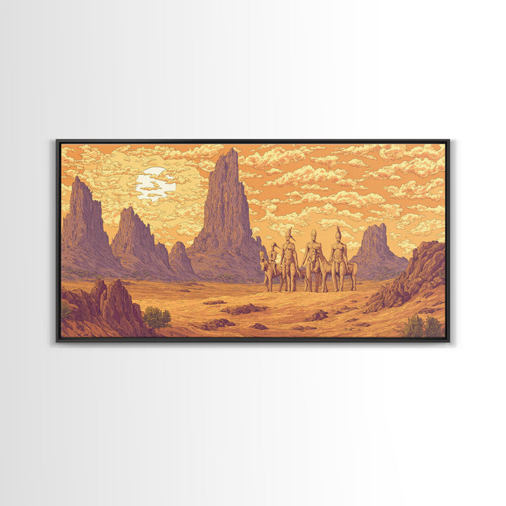 Five Desert Warriors Beneath Orange Sun Canvas Print African Warrior Art, Tribal Landscape Decor, Bold Southwest Wall Art Print