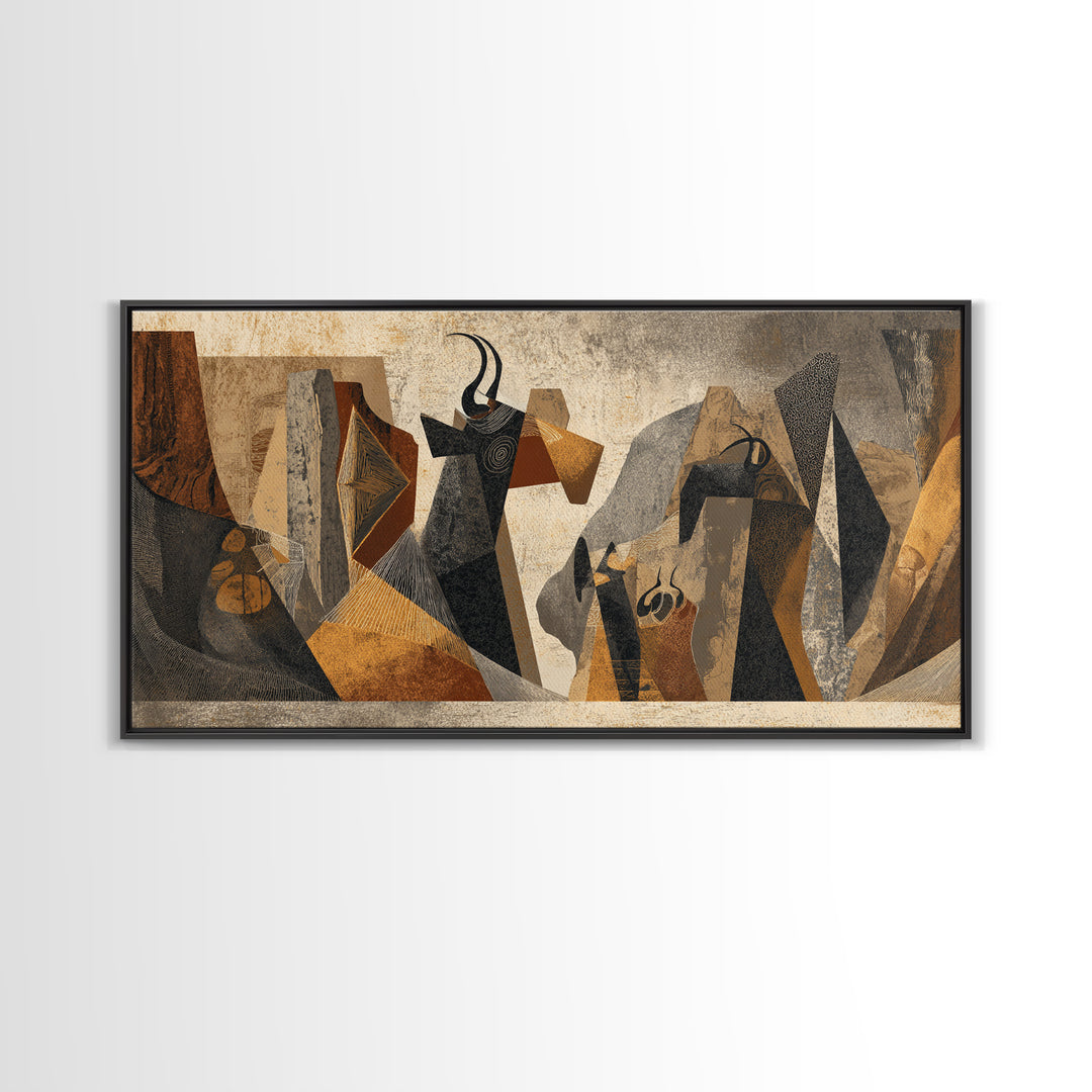 Abstract Tribal Women In Black And Gold Framed Canvas Print African Abstract Art, Modern Cubism Wall Decor For Entryway Gift