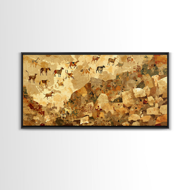 Ancient Herds Above Earthen Village Wall Art African Safari Art, Tribal Culture Landscape, Earth Tone Home Decor For Living Room