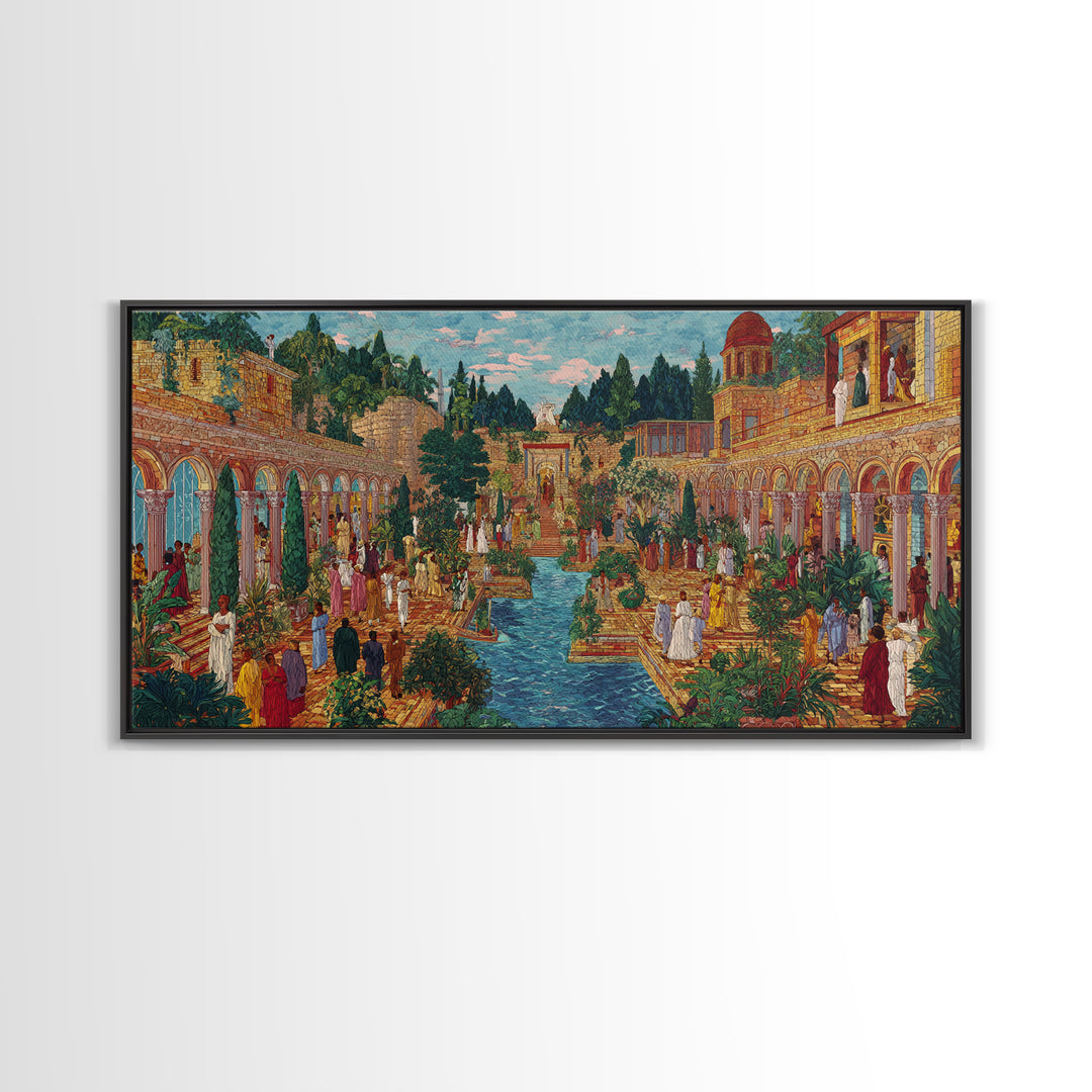 Lush Palace Garden With Arches And Pool Framed Canvas Print, African Inspired Wall Art, Elegant Cultural Home Decor Gift