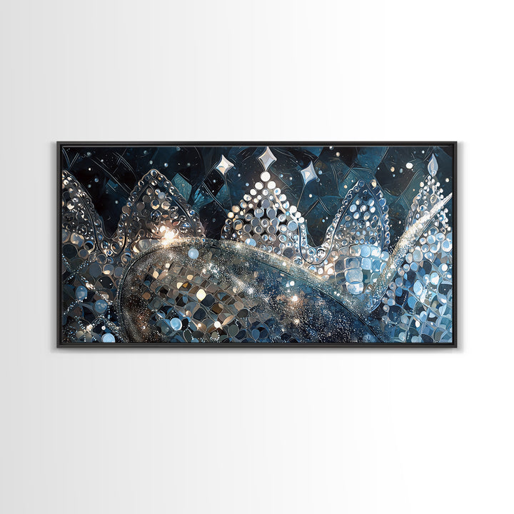 Jeweled Blue Silver Crowns And Stars Canvas Print, Abstract Wall Art, Luxury Black Gold Decor, Dreamy Modern Gallery Gift