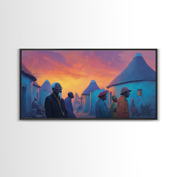 Blue Round Huts At Fiery Sunset Wall Art, African Village Painting, Afrocentric Decor, Cultural Landscape Canvas Print Gift