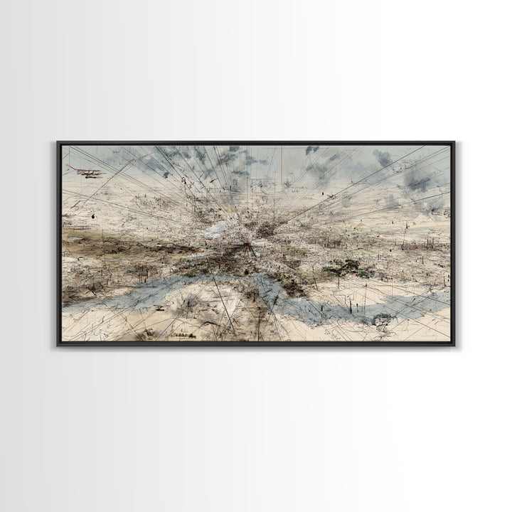 Abstract Desert Map Lines Over Sparse Landscape Wall Art, Modern Minimalist Art Print, Earth Tone Office Decor Canvas Gift