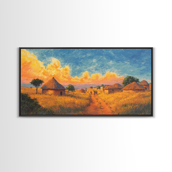 Golden Savanna Huts Under Brilliant Clouds Canvas Print, African Landscape Wall Art, Safari Decor, Motherland Home Art Gift